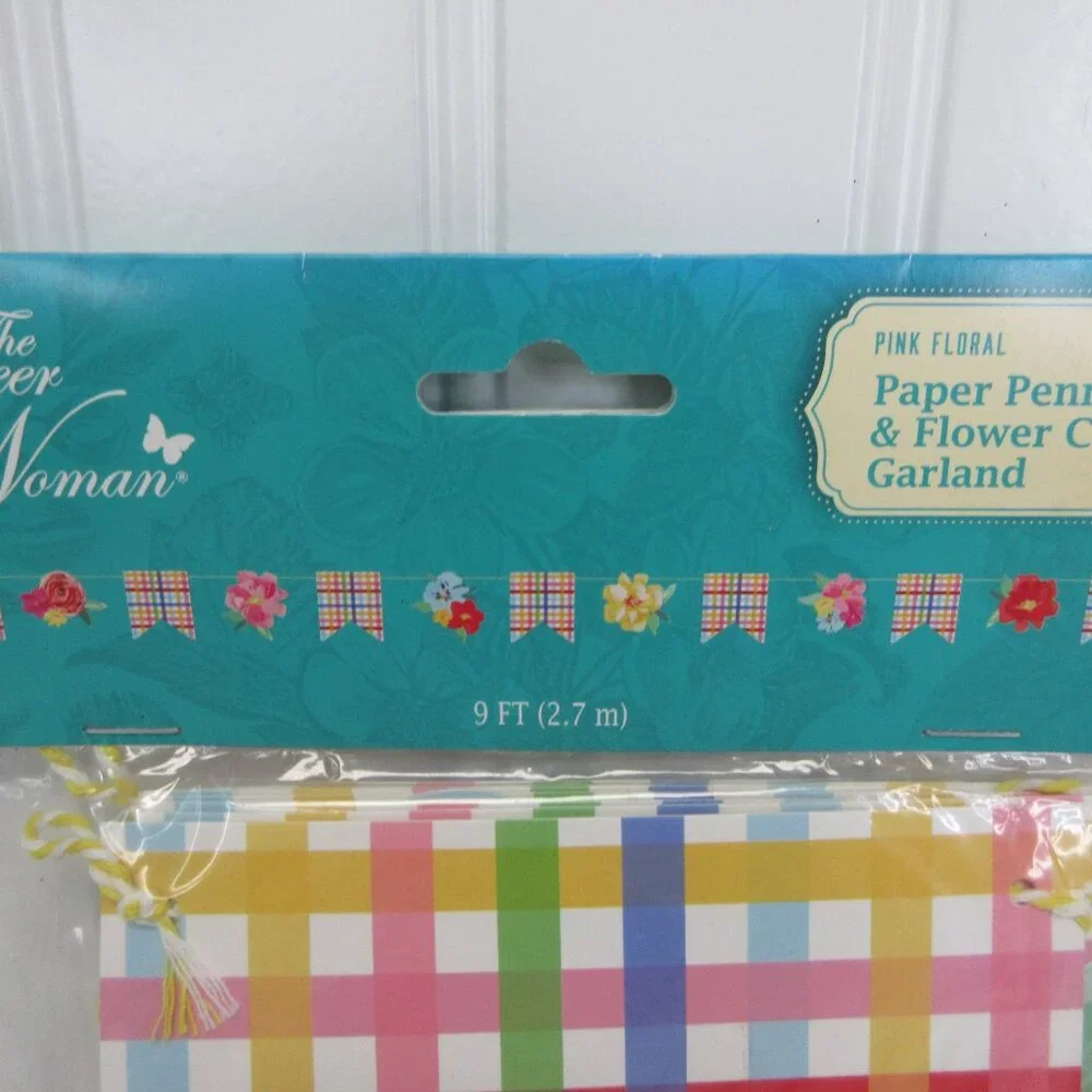 Lot of 2 Pioneer Woman Paper Pennant Flower Cutout Garland 9' Pink Floral Banner